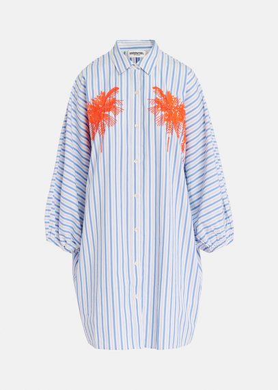 Blue and white striped cotton mini shirt dress with embroidery