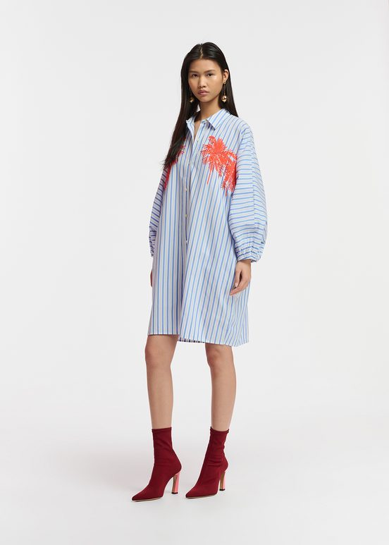 Blue and white striped cotton mini shirt dress with embroidery