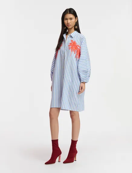 Blue and white striped cotton mini shirt dress with embroidery