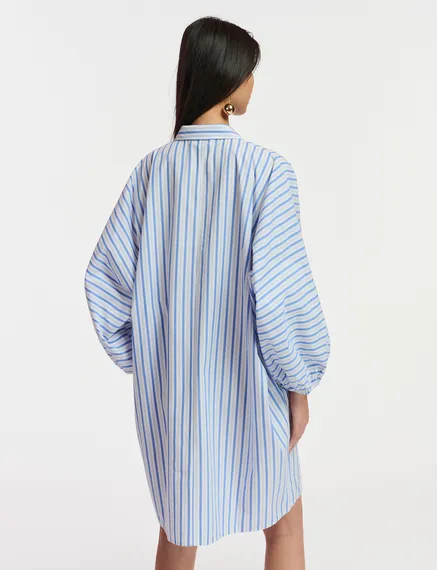 Blue and white striped cotton mini shirt dress with embroidery