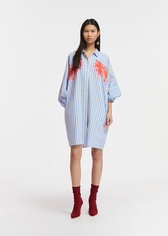 Blue and white striped cotton mini shirt dress with embroidery