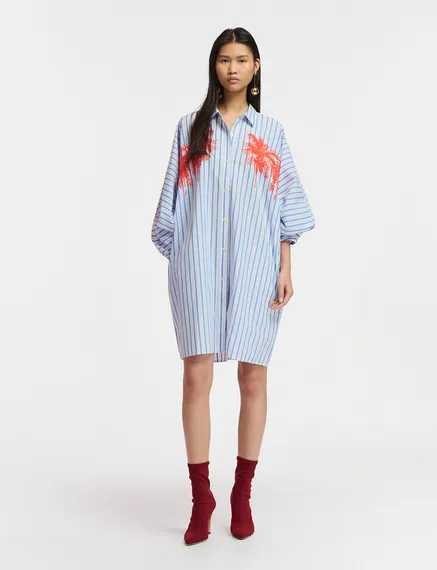 Blue and white striped cotton mini shirt dress with embroidery