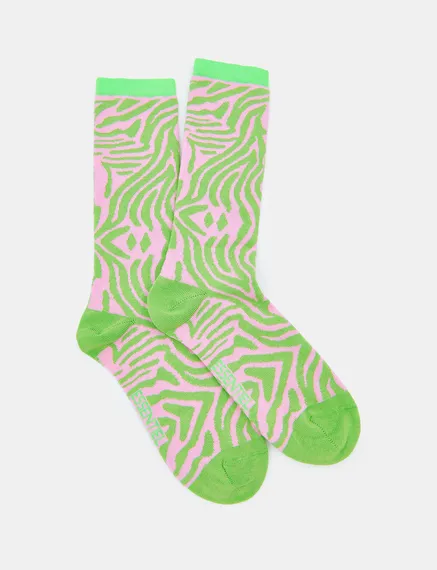 Light pink and green zebra-motif socks