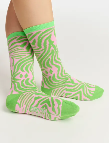 Light pink and green zebra-motif socks