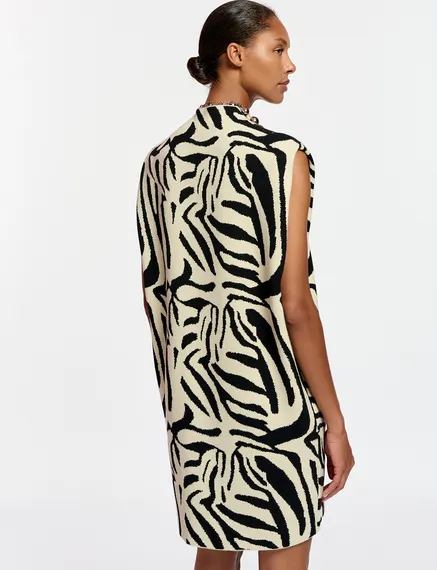 Gebroken witte en zwarte jurk in zebra jacquard