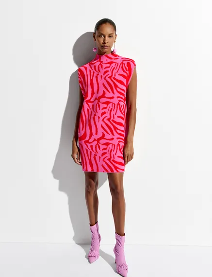 Pink and red zebra jacquard-knitted dress