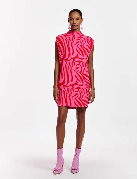 Pink and red zebra jacquard-knitted dress