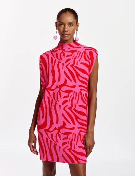 Pink and red zebra jacquard-knitted dress