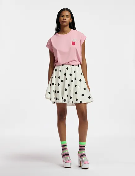 White and black polka-dot voluminous mini skirt