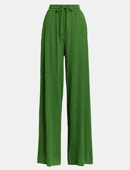 Dark green wide-leg seersucker pants