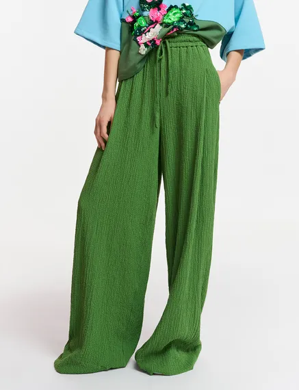 Pantalon large en cloqué vert foncé