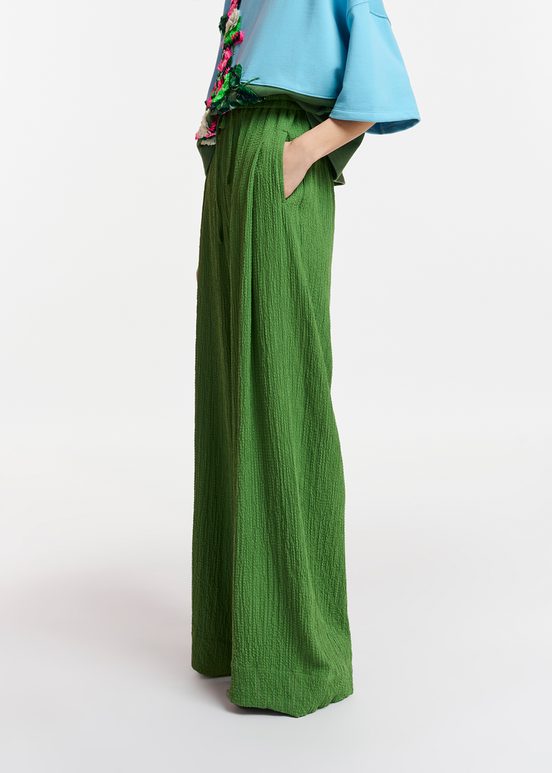 Dark green wide-leg seersucker pants