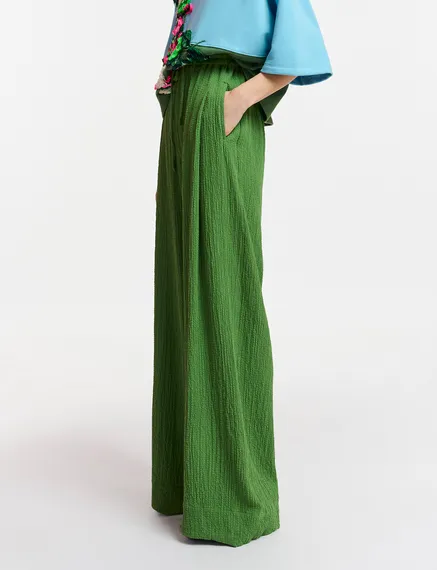 Pantalon large en cloqué vert foncé