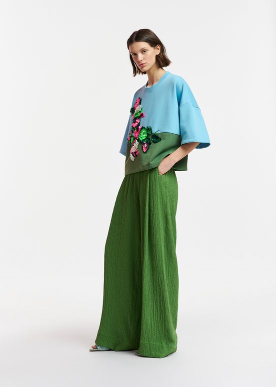 Dark green wide-leg seersucker pants