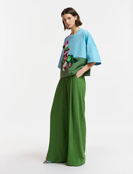 Dark green wide-leg seersucker pants