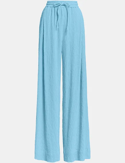 Light blue wide-leg seersucker pants