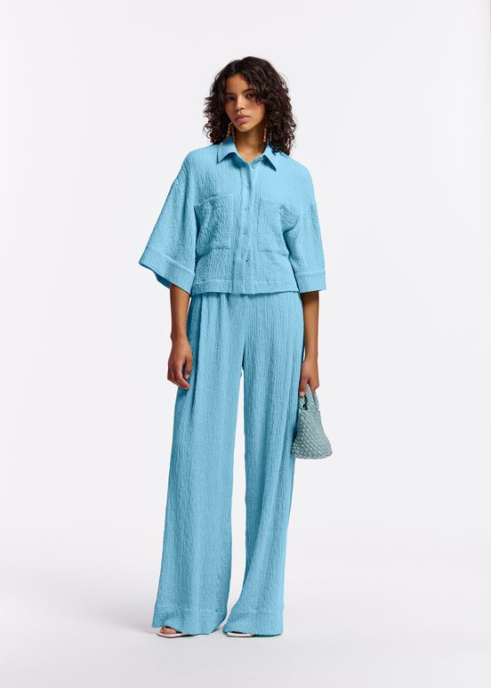 Light blue wide-leg seersucker pants