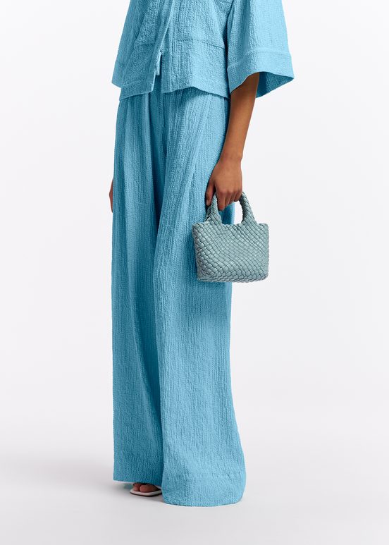 Light blue wide-leg seersucker pants