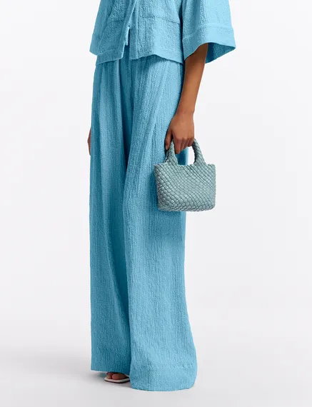 Light blue wide-leg seersucker pants