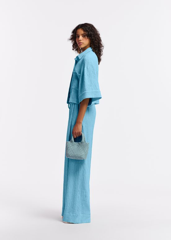 Light blue wide-leg seersucker pants