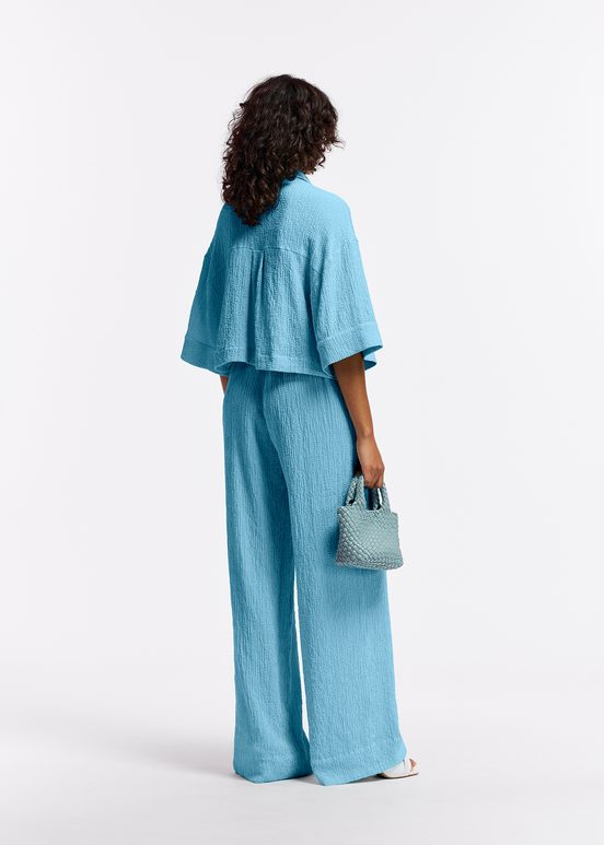 Light blue wide-leg seersucker pants