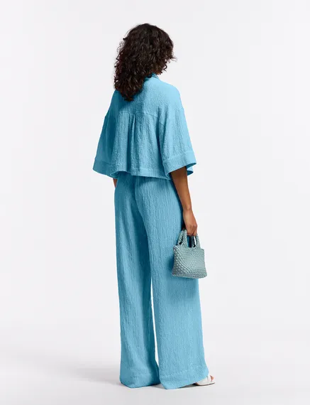 Light blue wide-leg seersucker pants