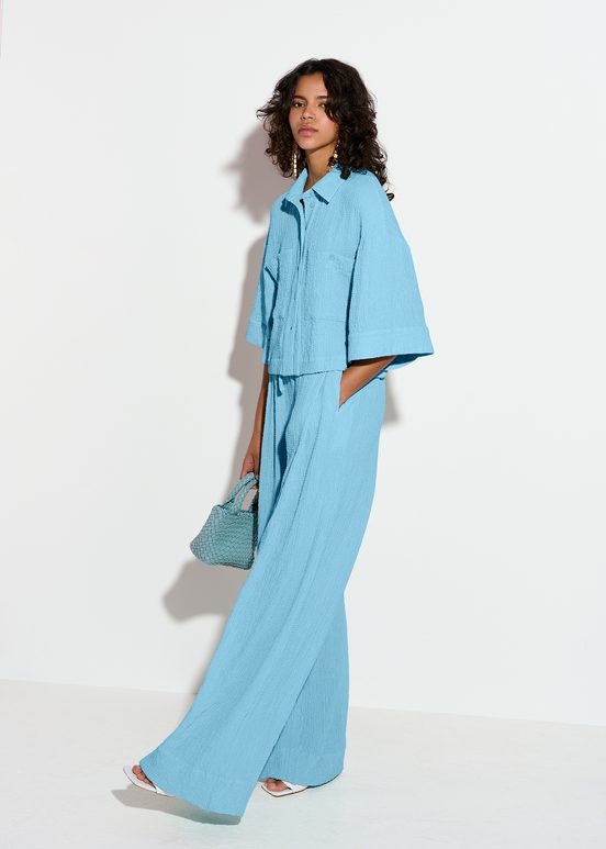 Light blue wide-leg seersucker pants