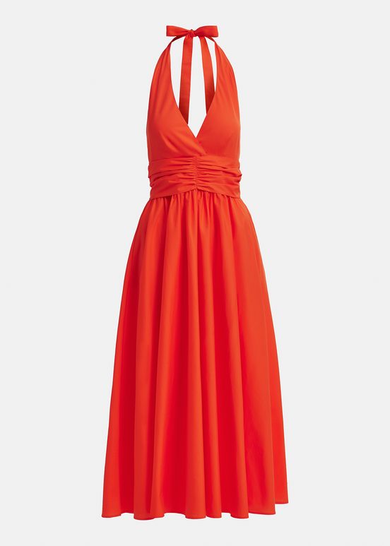 Red halter neck cotton midi-length dress