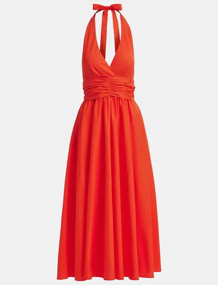 Red halter neck cotton midi-length dress