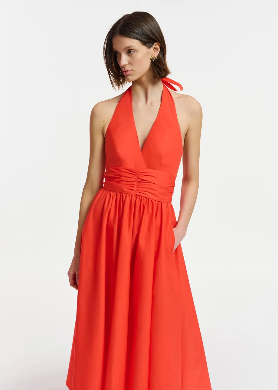 Red halter neck cotton midi-length dress