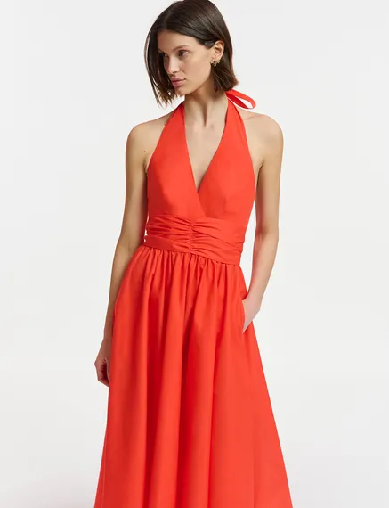 Red halter neck cotton midi-length dress