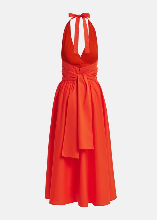 Red halter neck cotton midi-length dress