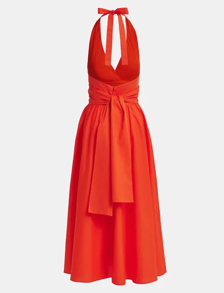 Red halter neck cotton midi-length dress