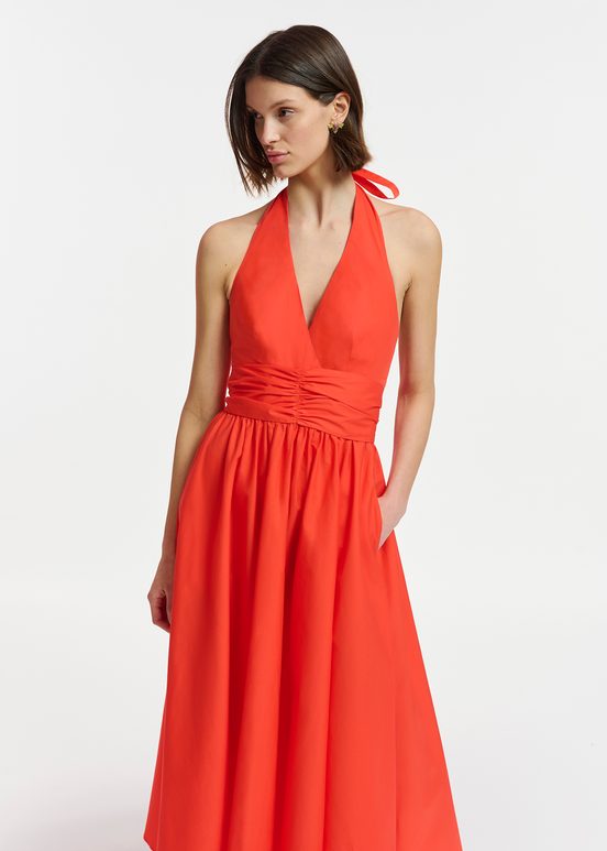 Red halter neck cotton midi-length dress