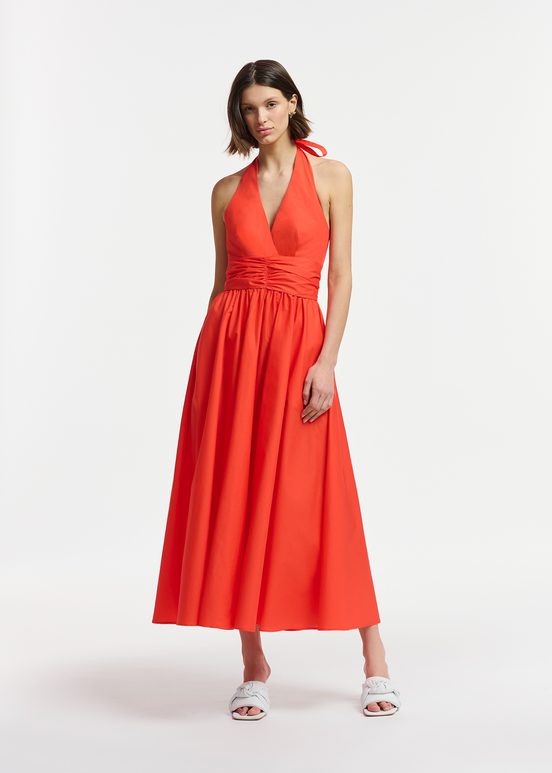 Red halter neck cotton midi-length dress