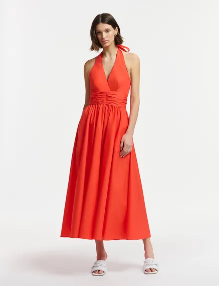 Red halter neck cotton midi-length dress