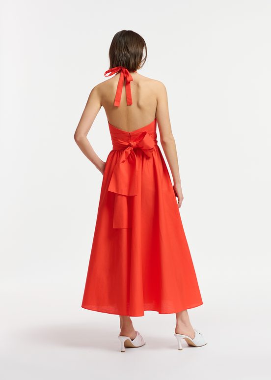 Red halter neck cotton midi-length dress