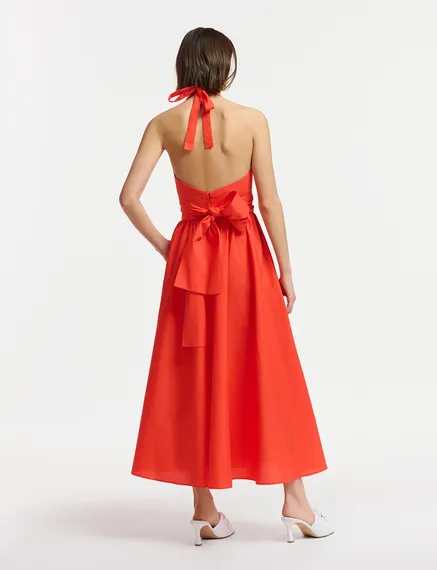 Red halter neck cotton midi-length dress