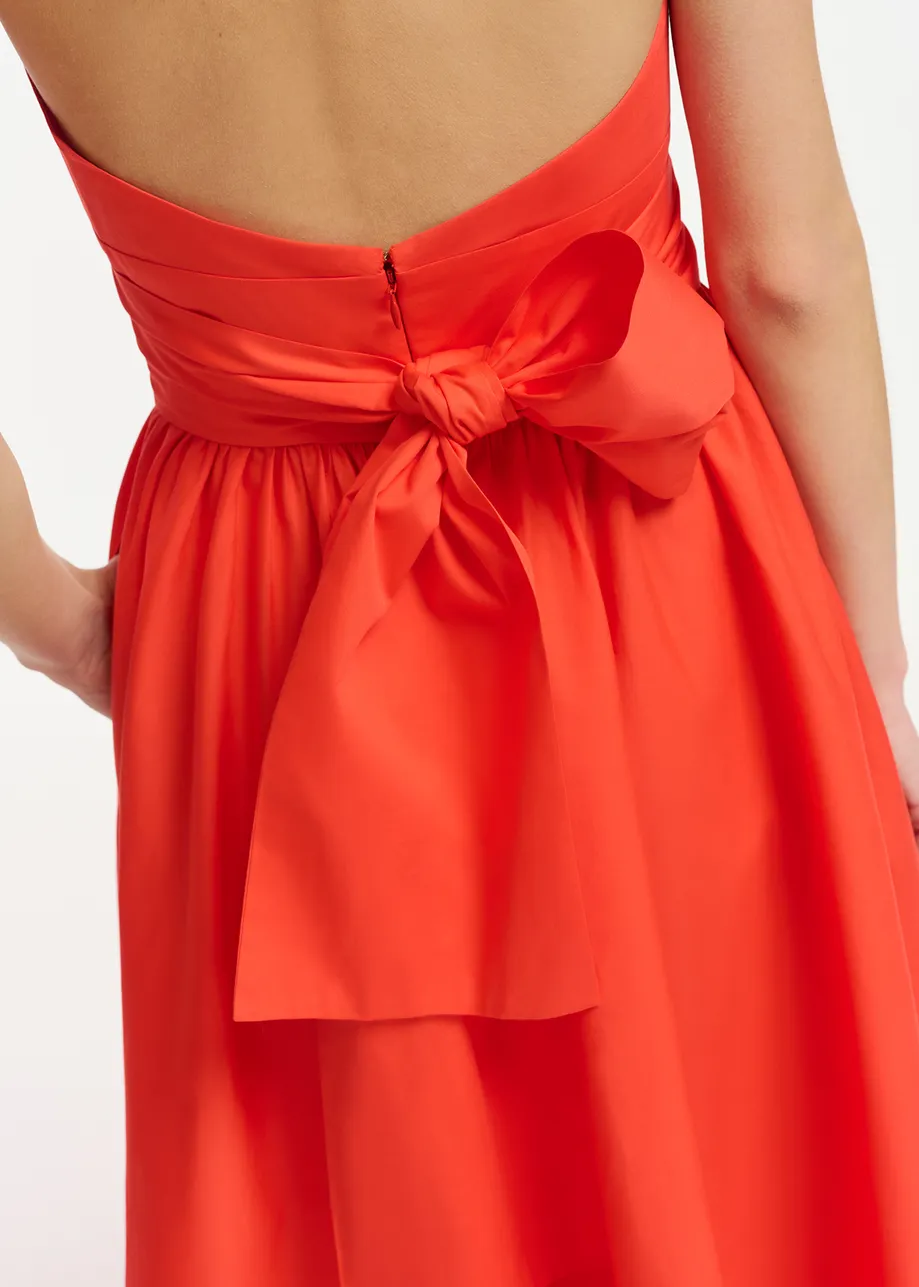 Red halter neck cotton midi-length dress