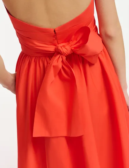 Red halter neck cotton midi-length dress