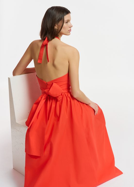 Red halter neck cotton midi-length dress