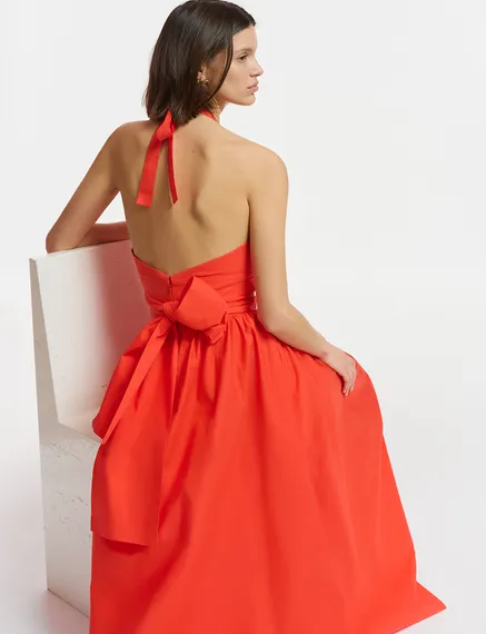 Red halter neck cotton midi-length dress