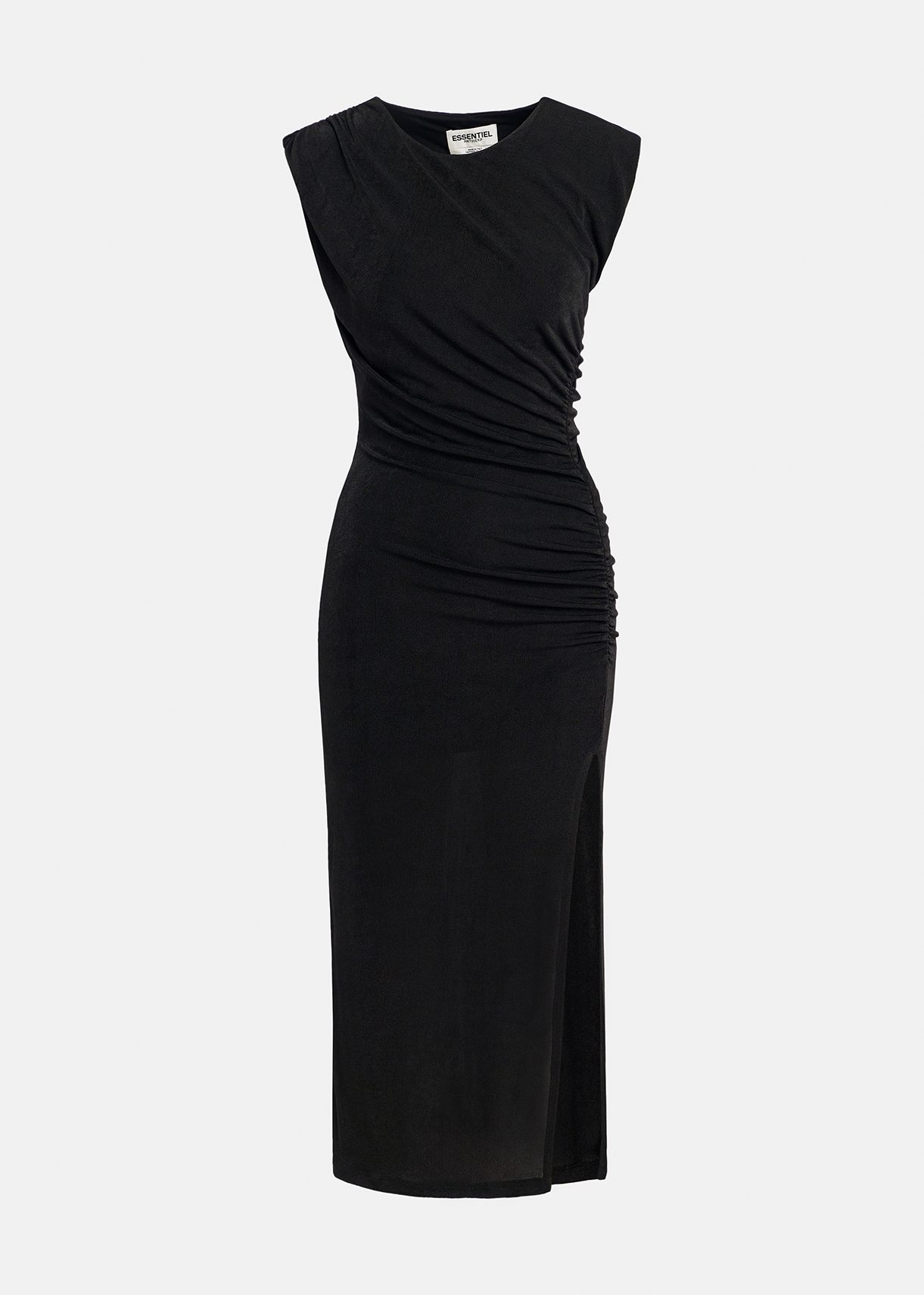 Black ruched stretch-jersey midi-length dress | Essentiel