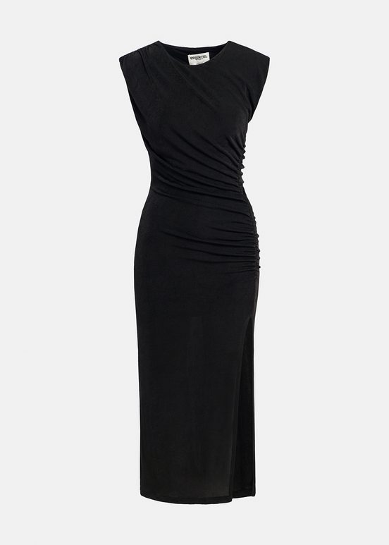 Black ruched stretch-jersey midi-length dress