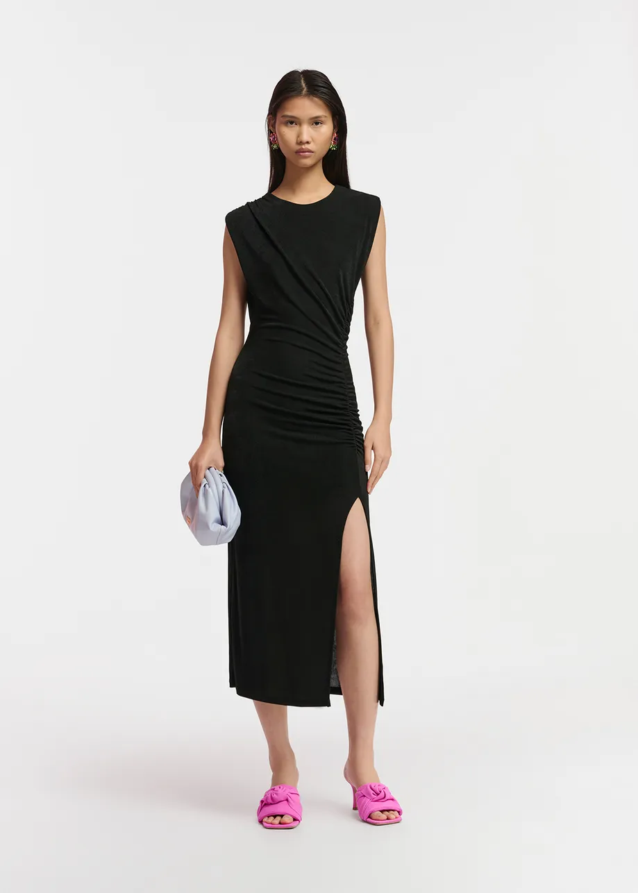 Black ruched stretch-jersey midi-length dress