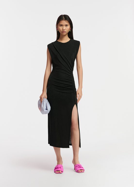 Black ruched stretch-jersey midi-length dress