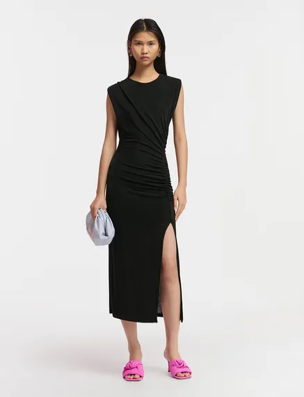 Black ruched stretch-jersey midi-length dress