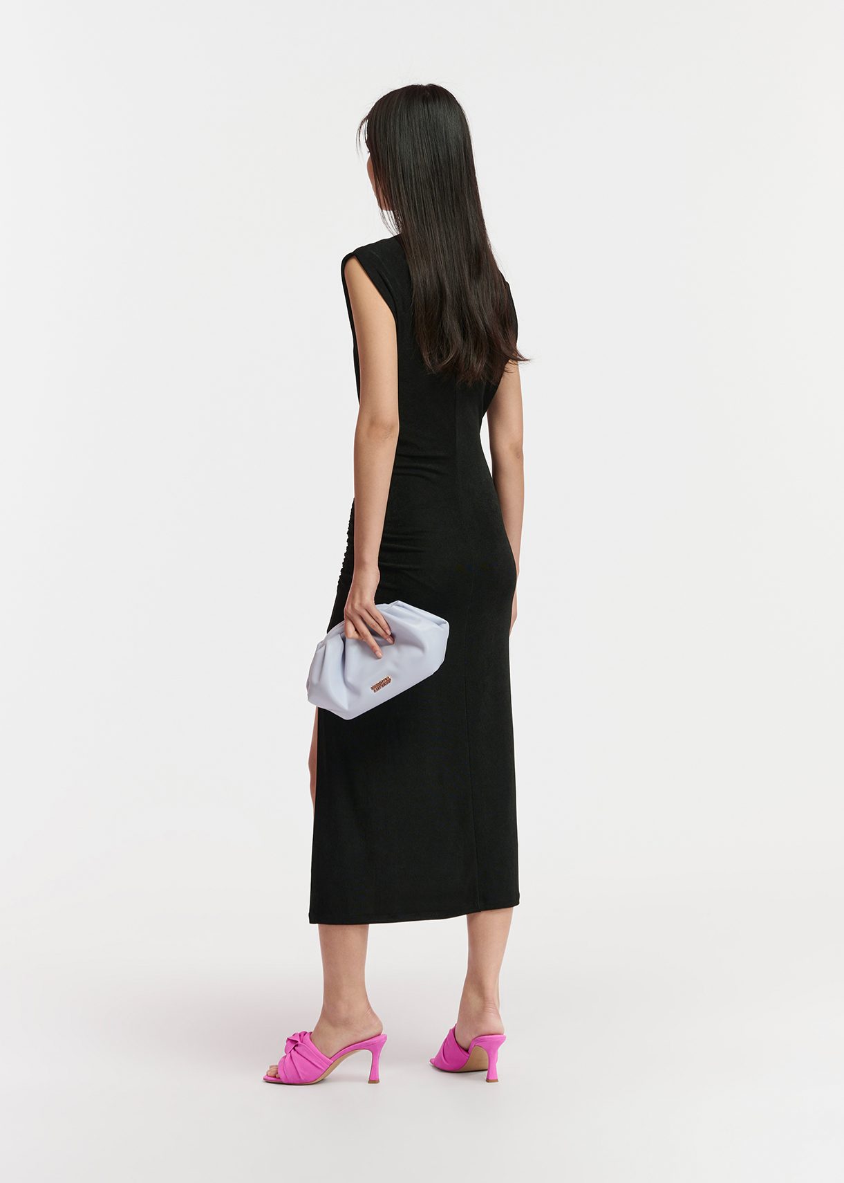 Black ruched stretch-jersey midi-length dress | Essentiel