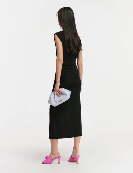 Black ruched stretch-jersey midi-length dress