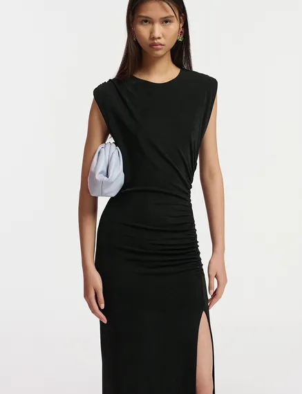 Black ruched stretch-jersey midi-length dress